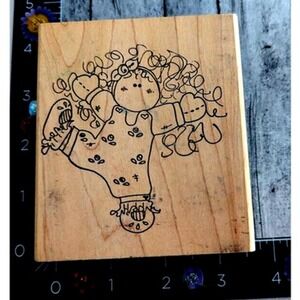 Imaginations Happy Girl Stitched Folk Art Rubber Stamp Wood #B22